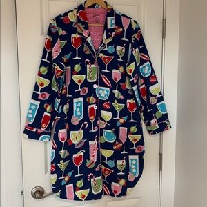 NICK & NORA Flannel sleep shirt nightgown Cocktails & Ornaments print blue large